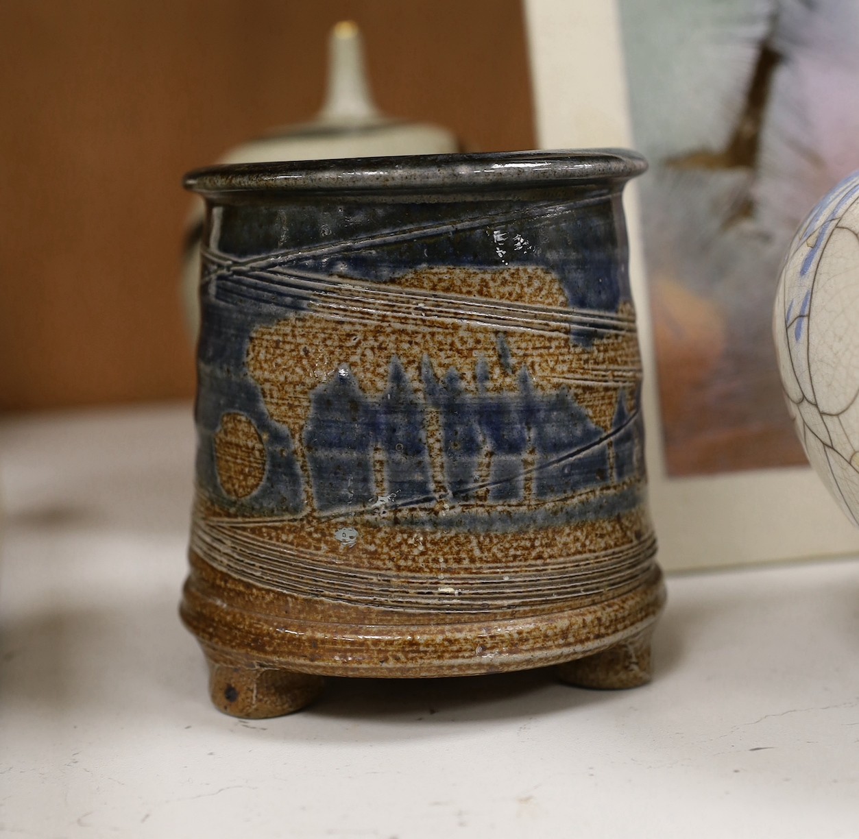 A Gordon Cooke abstract studio pottery panel, together with a Bernard Charles vase and other studio pottery, tallest 22cm